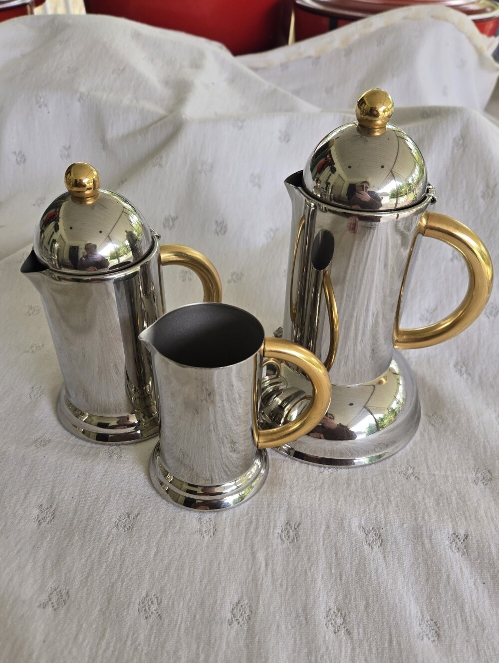 Vintage Italian Inoxpran Orchidea Stainless Steel Coffee Set of 3 Gold Handles